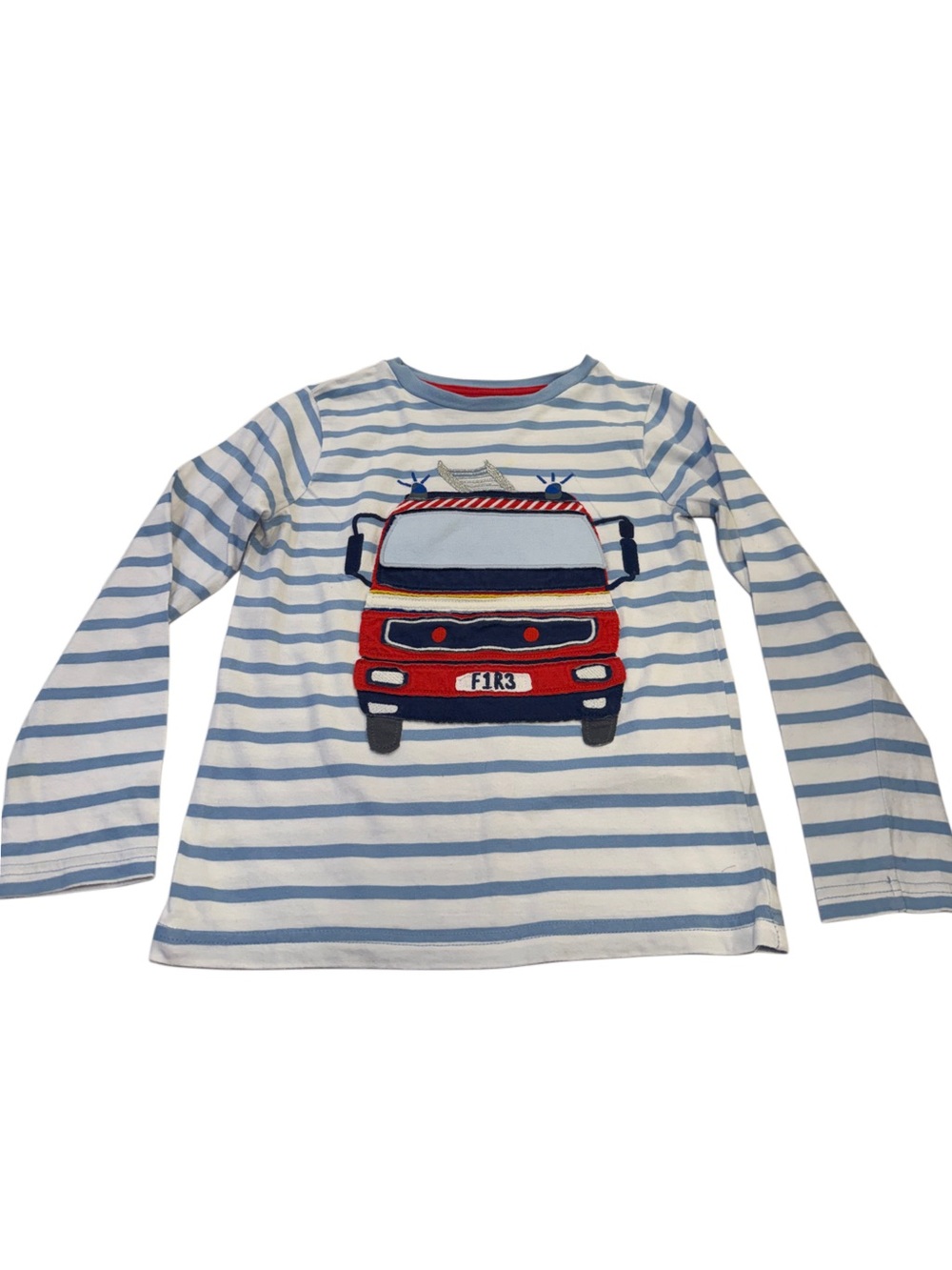 Mini Boden Fire Truck Appliqué Blue-Striped Long Sleeved Tee